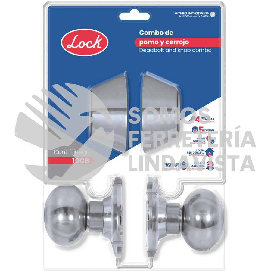 10CB COMBO DE POMO BOLA FUNCION DOBLE, ACERO INOXIDABLE, LLAVE ESTANDAR, BLISTER LOCK