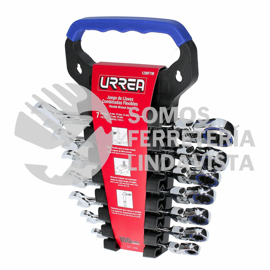 12MF7M JUEGO DE 7 LLAVES COMBINADAS PULIDO ESPEJO DE MATRACA FLEX METRICAS, 12 PUNTAS EN RACK URREA