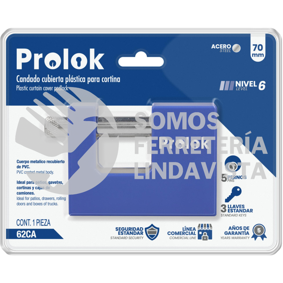 62CA CANDADO DE ACERO CON CUBIERTA PLÁSTICA DE PVC 70 MM, LLAVE ESTÁNDAR PROLOK